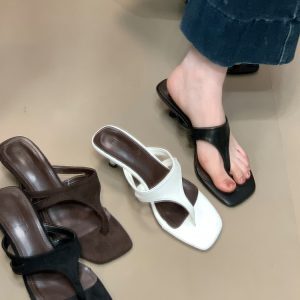 Korean Style One-Strap Thin Heel Square Toe Flip Flops for Women - Ocean-Inspired Summer Footwear 2025