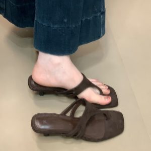 Korean Style One-Strap Thin Heel Square Toe Flip Flops for Women - Ocean-Inspired Summer Footwear 2025