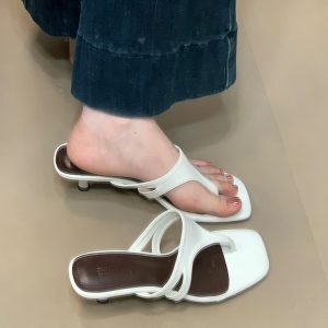 Korean Style One-Strap Thin Heel Square Toe Flip Flops for Women - Ocean-Inspired Summer Footwear 2025