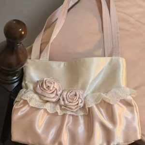 Korean-Style Pink Rose Flower Single-Shoulder Tote Bag, Large-Capacity Patchwork Satin Commuting Underarm Bag