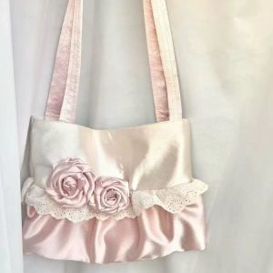 Korean-Style Pink Rose Flower Single-Shoulder Tote Bag, Large-Capacity Patchwork Satin Commuting Underarm Bag