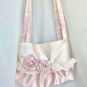 Korean-Style Pink Rose Flower Single-Shoulder Tote Bag, Large-Capacity Patchwork Satin Commuting Underarm Bag
