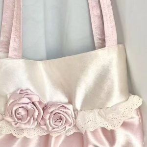 Korean-Style Pink Rose Flower Single-Shoulder Tote Bag, Large-Capacity Patchwork Satin Commuting Underarm Bag