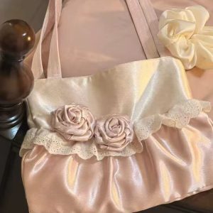Korean-Style Pink Rose Flower Single-Shoulder Tote Bag, Large-Capacity Patchwork Satin Commuting Underarm Bag