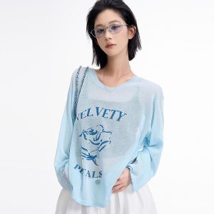 Korean Style Printed Long Sleeve Round Neck Sun Protection Knitted Top for Women - Loose, Thin Summer Cardigan Shirt