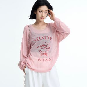 Korean Style Printed Long Sleeve Round Neck Sun Protection Knitted Top for Women - Loose, Thin Summer Cardigan Shirt