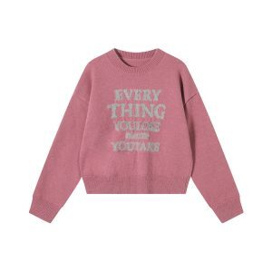 Korean Style Printed Round Neck Long Sleeve Knitted Sweater for Women - Soft Loose Pullover Top for Autumn and Winter