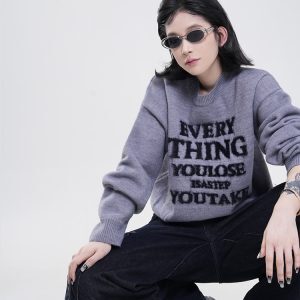 Korean Style Printed Round Neck Long Sleeve Knitted Sweater for Women - Soft Loose Pullover Top for Autumn and Winter