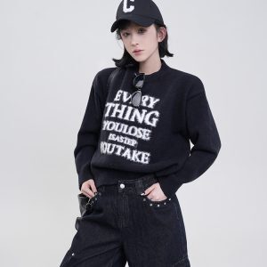 Korean Style Printed Round Neck Long Sleeve Knitted Sweater for Women - Soft Loose Pullover Top for Autumn and Winter