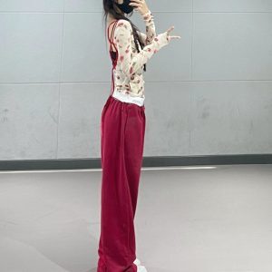 Korean Style Red Double-Waist Spliced Sports Pants & Floral Backless Mesh Top Jazz Dance Outfit for Women
