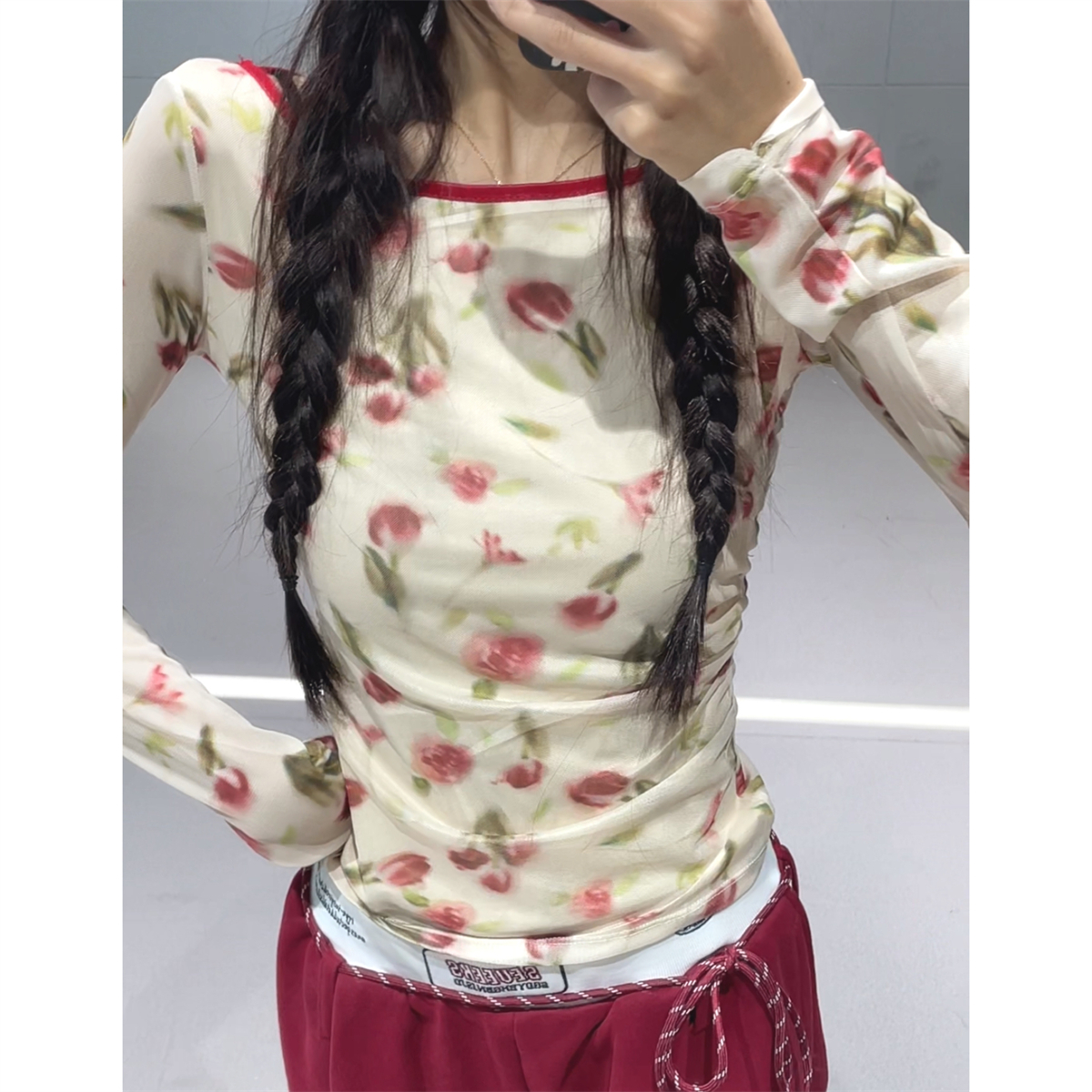 Korean Style Red Double-Waist Spliced Sports Pants & Floral Backless Mesh Top Jazz Dance Outfit for Women