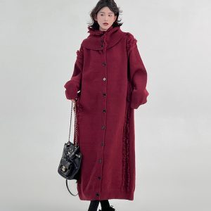 Korean Style Red Tassel Design Sweater Dress for Women, Autumn Winter, Loose Fit Knee-Length Straight Tube Dress