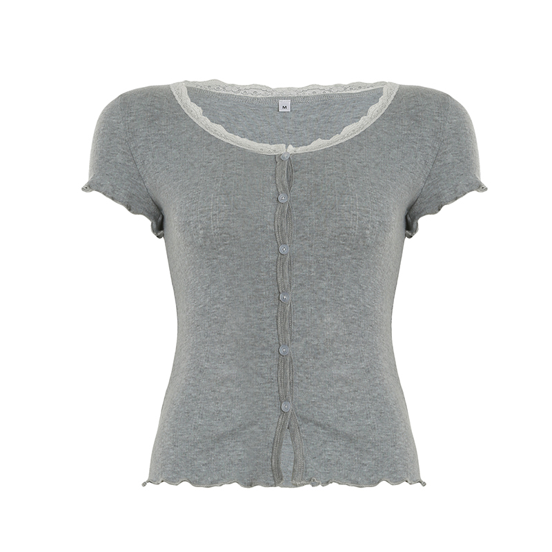 Korean Style Retro Basic Short-Sleeve Cardigan with Lace Trim and Single-Breasted Knitted Top for Y2K Fashion