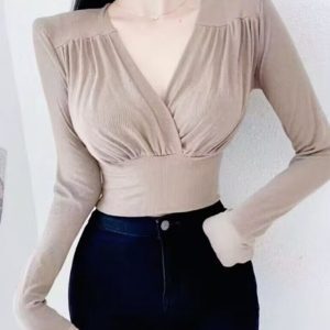 Korean Style Sexy Cross V-Neck Long Sleeve T-Shirt with Shoulder Pads for Women - Slim Fit Spring/Summer Waist-Short Top