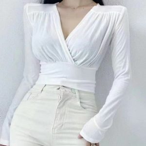Korean Style Sexy Cross V-Neck Long Sleeve T-Shirt with Shoulder Pads for Women - Slim Fit Spring/Summer Waist-Short Top