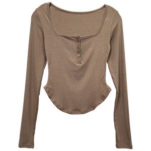 Korean Style Sexy Figure-Enhancing Long Sleeve T-Shirt with Half-Open Collar for Women - Trendy Dongdaemun Pure Desire Design