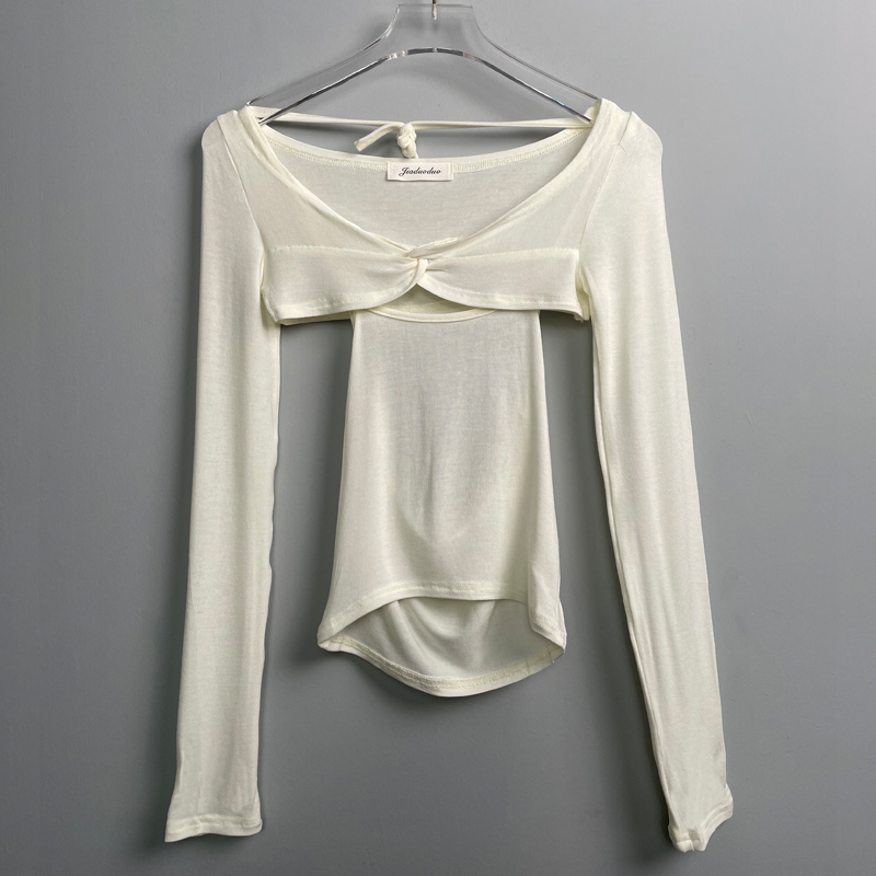 Korean Style Sexy Halter Hollow-Out Pink Camisole Long Sleeve T-Shirt Women's Two-Piece Set for Autumn and Winter Fashion