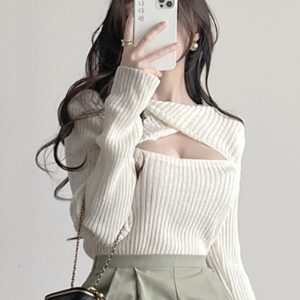 Korean Style Sexy Hollow Out Chest Short Pink Knitted Sweater Top for Women - Autumn Winter Slim Fit Fashion