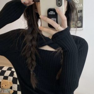 Korean Style Sexy Hollow Out Chest Short Pink Knitted Sweater Top for Women - Autumn Winter Slim Fit Fashion