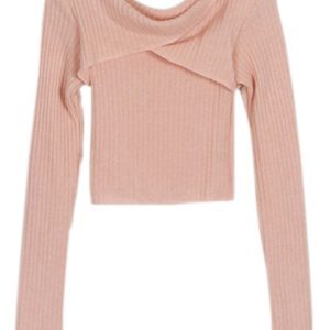 Korean Style Sexy Hollow Out Chest Short Pink Knitted Sweater Top for Women - Autumn Winter Slim Fit Fashion