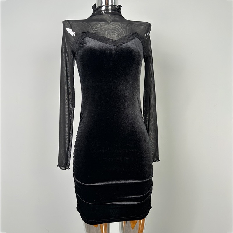 Korean Style Sexy Mesh Bodycon Dress with Lace Edge and Half High Neck - Elegant Small Women's Velvet Fashion Dress