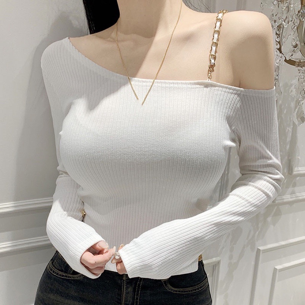 Korean Style Sexy Off-Shoulder Ribbed Long Sleeve T-Shirt with Chain Shoulder Strap and Split Design for Women
