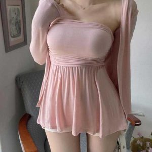 Korean Style Sexy Padded Pink Strapless Long Sleeve Cardigan Top & Black Bodycon Mini Skirt Set for a Chic Look