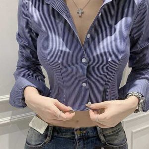 Korean Style Sexy Slim-Fit Cropped Striped Long Sleeve Shirt for Women - Summer Tight-Fitting Slimming Top