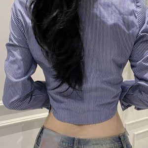 Korean Style Sexy Slim-Fit Cropped Striped Long Sleeve Shirt for Women - Summer Tight-Fitting Slimming Top