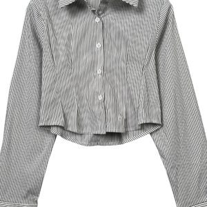 Korean Style Sexy Slim-Fit Cropped Striped Long Sleeve Shirt for Women - Summer Tight-Fitting Slimming Top