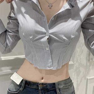 Korean Style Sexy Slim-Fit Cropped Striped Long Sleeve Shirt for Women - Summer Tight-Fitting Slimming Top