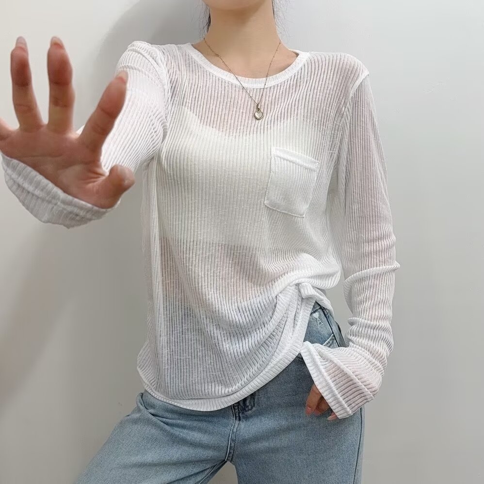 Korean Style Sheer Hollow Long Sleeve Knitted T-Shirt for Women, Loose Fit Round Neck Cover-Up Top, Jazz Street Dance Fashion