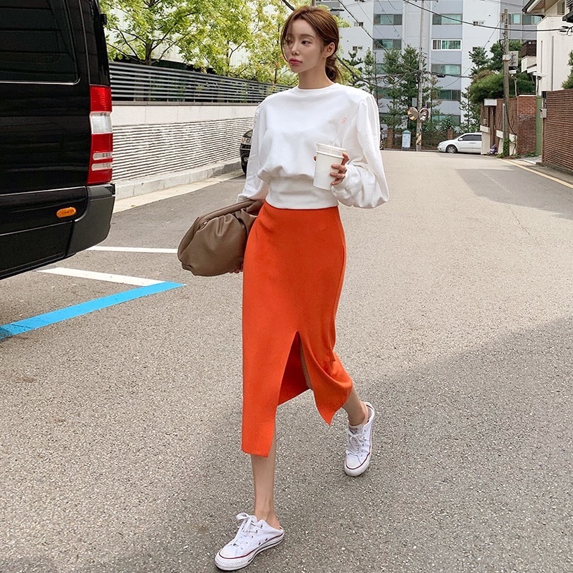 Korean Style Slim Fit Split Midi Dress - Casual Knitted Bodycon Dress for Women, Sweet and Sexy Fashion Statement