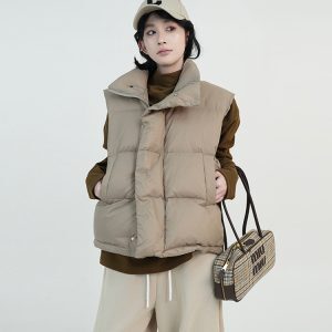 Korean Style Solid Color Stand Collar Sleeveless White Duck Down Jacket for Women - Versatile Loose Short Vest for Autumn & Winter