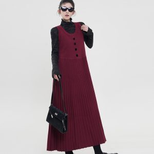 Korean Style Solid Color U-Neck Sleeveless Knitted Vest Dress for Women with Elegant Loose Pleated Long Skirt - Autumn/Winter Fashion