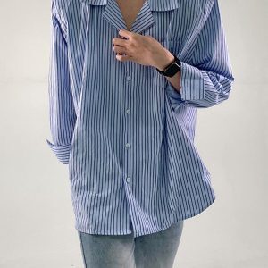 Korean-Style Striped Casual Shirt for Men, Loose Fit Long Sleeve Lapel Top, Versatile Minimalist Fashion, Trendy Ins Look