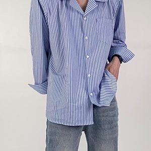 Korean-Style Striped Casual Shirt for Men, Loose Fit Long Sleeve Lapel Top, Versatile Minimalist Fashion, Trendy Ins Look