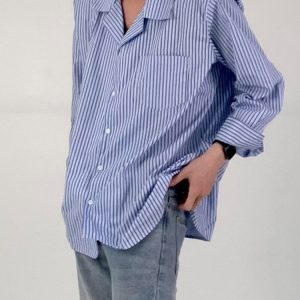 Korean-Style Striped Casual Shirt for Men, Loose Fit Long Sleeve Lapel Top, Versatile Minimalist Fashion, Trendy Ins Look