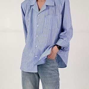 Korean-Style Striped Casual Shirt for Men, Loose Fit Long Sleeve Lapel Top, Versatile Minimalist Fashion, Trendy Ins Look