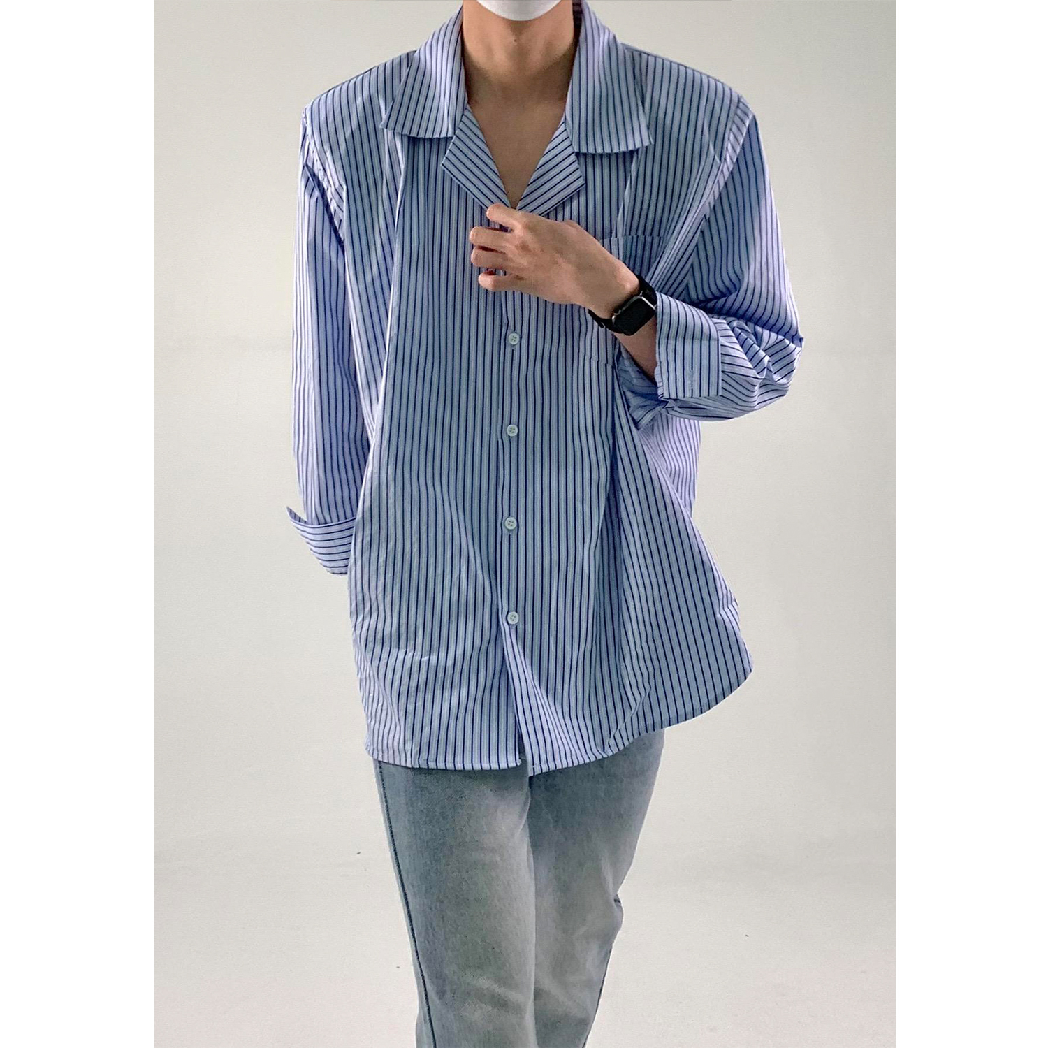 Korean-Style Striped Casual Shirt for Men, Loose Fit Long Sleeve Lapel Top, Versatile Minimalist Fashion, Trendy Ins Look