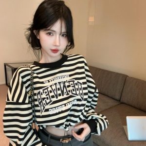 Korean Style Striped Jazz Dance Top for Women, Hip Hop Street Dance Sweatshirt, DS Girl Group Performance Outfit