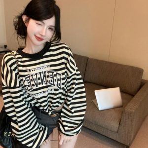Korean Style Striped Jazz Dance Top for Women, Hip Hop Street Dance Sweatshirt, DS Girl Group Performance Outfit