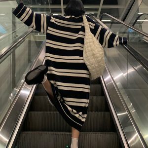 Korean Style Striped Knitted Sweater Dress for Women - Casual Tall Knit Dress in Forest Green, Perfect for 90s-Inspired Fashion
