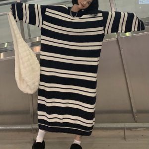 Korean Style Striped Knitted Sweater Dress for Women - Casual Tall Knit Dress in Forest Green, Perfect for 90s-Inspired Fashion