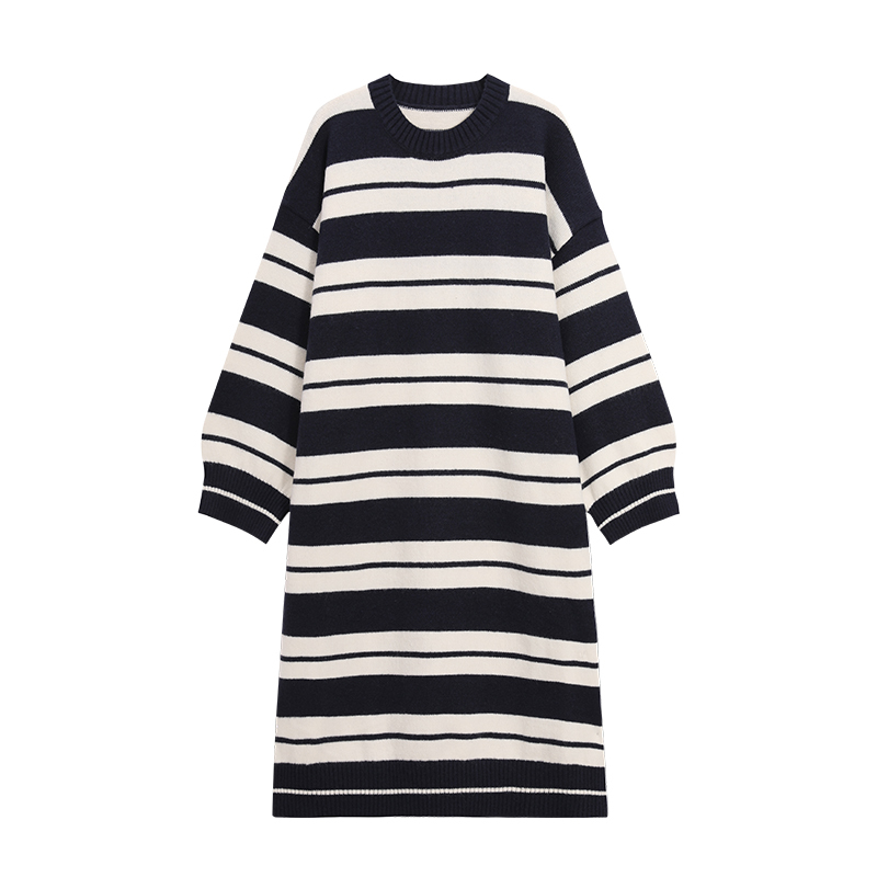 Korean Style Striped Knitted Sweater Dress for Women - Casual Tall Knit Dress in Forest Green, Perfect for 90s-Inspired Fashion