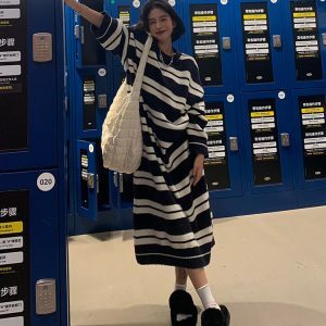Korean Style Striped Knitted Sweater Dress for Women - Casual Tall Knit Dress in Forest Green, Perfect for 90s-Inspired Fashion
