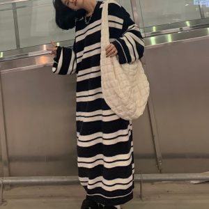 Korean Style Striped Knitted Sweater Dress for Women - Casual Tall Knit Dress in Forest Green, Perfect for 90s-Inspired Fashion