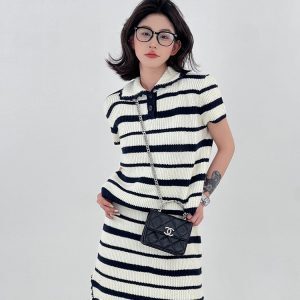 Korean Style Striped Short Sleeve Polo Knit T-Shirt for Women - Slim Casual Summer Top