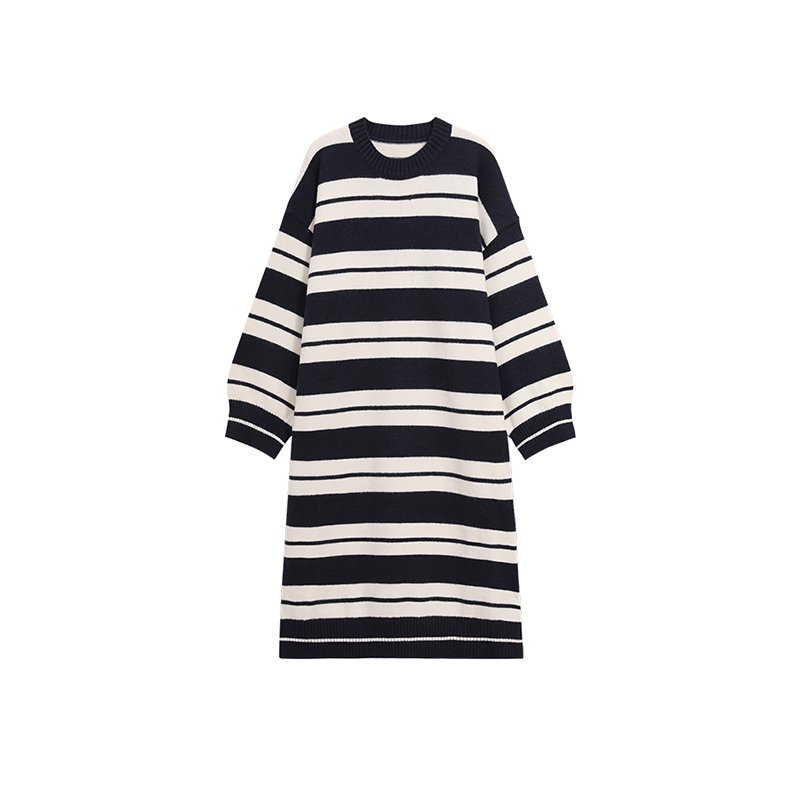 Korean Style Striped Tall Knitted Sweater Dress for Women - Casual Forest-Inspired Fashion with Cozy Lazy Aesthetic