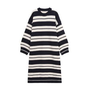 Korean Style Striped Tall Knitted Sweater Dress for Women - Casual Forest-Inspired Fashion with Cozy Lazy Aesthetic